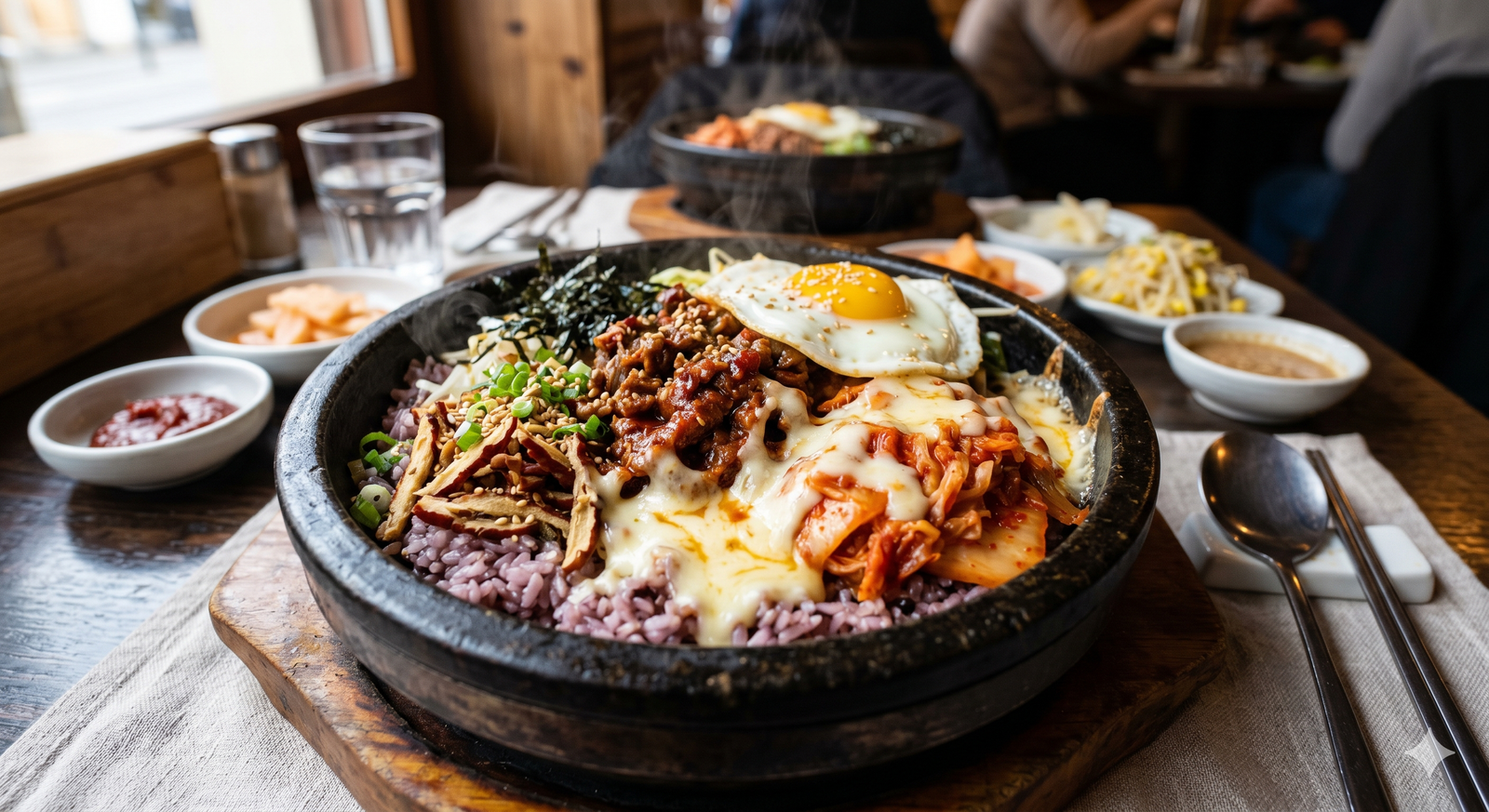 Bibimbap présenté dans un bol en pierre chaude, avec tranches de Reblochon fondu, kimchi de chou rouge, dattes ciselées et bœuf mariné au Gochujang