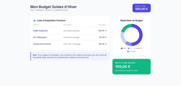 Dashboard Achats Hiver Budget 500